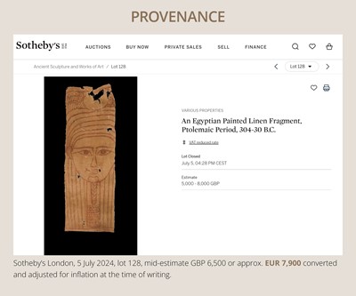 Lot 20 - A FINE PAINTED LINEN FRAGMENT, PTOLEMAIC PERIOD