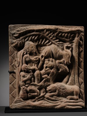 A TERRACOTTA PLAQUE DEPICTING SHIVA, PARVATI, GANESHA, AND KARTIKEYA WITH THEIR VEHICLES, UTTAR PRADESH, INDIA, 8TH-12TH CENTURY