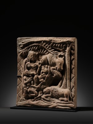 A TERRACOTTA PLAQUE DEPICTING SHIVA, PARVATI, GANESHA, AND KARTIKEYA WITH THEIR VEHICLES, UTTAR PRADESH, INDIA, 8TH-12TH CENTURY