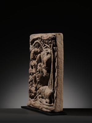 A TERRACOTTA PLAQUE DEPICTING SHIVA, PARVATI, GANESHA, AND KARTIKEYA WITH THEIR VEHICLES, UTTAR PRADESH, INDIA, 8TH-12TH CENTURY