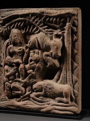 A TERRACOTTA PLAQUE DEPICTING SHIVA, PARVATI, GANESHA, AND KARTIKEYA WITH THEIR VEHICLES, UTTAR PRADESH, INDIA, 8TH-12TH CENTURY