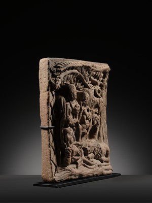 A TERRACOTTA PLAQUE DEPICTING SHIVA, PARVATI, GANESHA, AND KARTIKEYA WITH THEIR VEHICLES, UTTAR PRADESH, INDIA, 8TH-12TH CENTURY