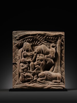 A TERRACOTTA PLAQUE DEPICTING SHIVA, PARVATI, GANESHA, AND KARTIKEYA WITH THEIR VEHICLES, UTTAR PRADESH, INDIA, 8TH-12TH CENTURY