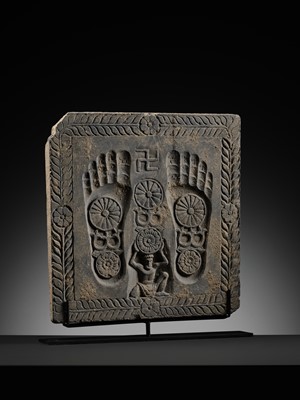 Lot 186 - A RARE GRAY SCHIST RELIEF OF THE FOOTPRINTS OF BUDDHA, BUDDHAPADA, ANCIENT REGION OF GANDHARA