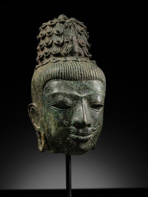 Lot 237 - A BRONZE HEAD OF MAITREYA, PRE-ANGKORIAN PERIOD, PRAKHON CHAI, 7TH-9TH CENTURY