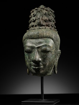 Lot 237 - A BRONZE HEAD OF MAITREYA, PRE-ANGKORIAN PERIOD, PRAKHON CHAI, 7TH-9TH CENTURY