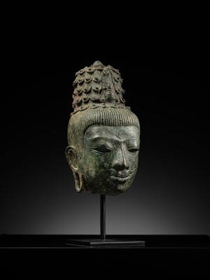 Lot 237 - A BRONZE HEAD OF MAITREYA, PRE-ANGKORIAN PERIOD, PRAKHON CHAI, 7TH-9TH CENTURY