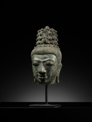 Lot 237 - A BRONZE HEAD OF MAITREYA, PRE-ANGKORIAN PERIOD, PRAKHON CHAI, 7TH-9TH CENTURY