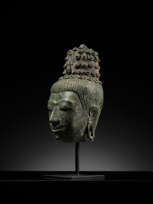 Lot 237 - A BRONZE HEAD OF MAITREYA, PRE-ANGKORIAN PERIOD, PRAKHON CHAI, 7TH-9TH CENTURY