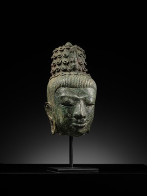 Lot 237 - A BRONZE HEAD OF MAITREYA, PRE-ANGKORIAN PERIOD, PRAKHON CHAI, 7TH-9TH CENTURY