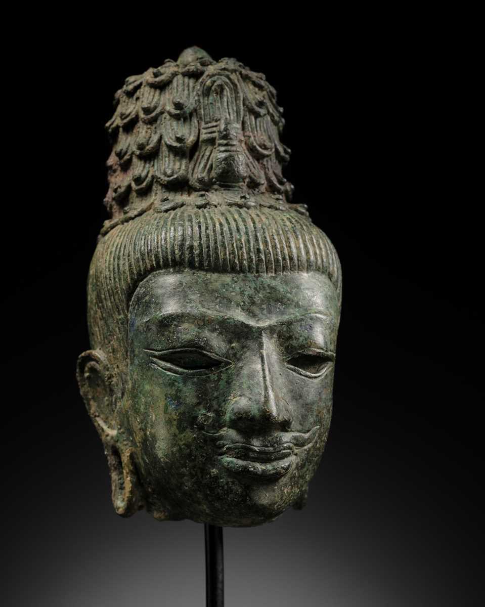 Lot 237 - A BRONZE HEAD OF MAITREYA, PRE-ANGKORIAN PERIOD, PRAKHON CHAI, 7TH-9TH CENTURY