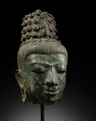 Lot 237 - A BRONZE HEAD OF MAITREYA, PRE-ANGKORIAN PERIOD, PRAKHON CHAI, 7TH-9TH CENTURY