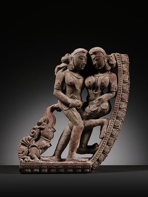 A PINK SANDSTONE RELIEF DEPICTING AN AMOROUS COUPLE, MITHUNA, CHANDELA PERIOD, 10TH-11TH CENTURY
