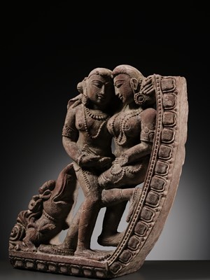 A PINK SANDSTONE RELIEF DEPICTING AN AMOROUS COUPLE, MITHUNA, CHANDELA PERIOD, 10TH-11TH CENTURY