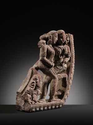 A PINK SANDSTONE RELIEF DEPICTING AN AMOROUS COUPLE, MITHUNA, CHANDELA PERIOD, 10TH-11TH CENTURY