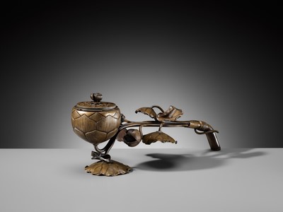 Lot 143 - A BRONZE ‘LOTUS’ EKORO (LONG-HANDLED CENSER), KAMAKURA PERIOD