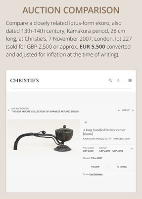 Lot 143 - A BRONZE ‘LOTUS’ EKORO (LONG-HANDLED CENSER), KAMAKURA PERIOD