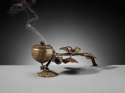 Lot 143 - A BRONZE ‘LOTUS’ EKORO (LONG-HANDLED CENSER), KAMAKURA PERIOD