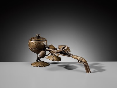 Lot 143 - A BRONZE ‘LOTUS’ EKORO (LONG-HANDLED CENSER), KAMAKURA PERIOD