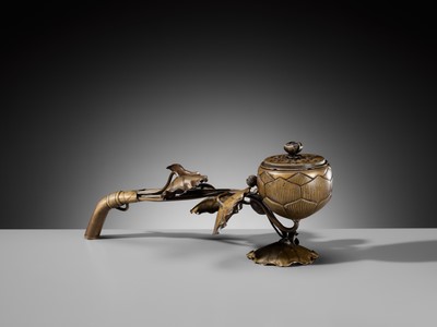 Lot 143 - A BRONZE ‘LOTUS’ EKORO (LONG-HANDLED CENSER), KAMAKURA PERIOD