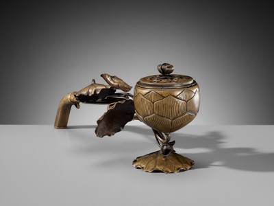 Lot 143 - A BRONZE ‘LOTUS’ EKORO (LONG-HANDLED CENSER), KAMAKURA PERIOD
