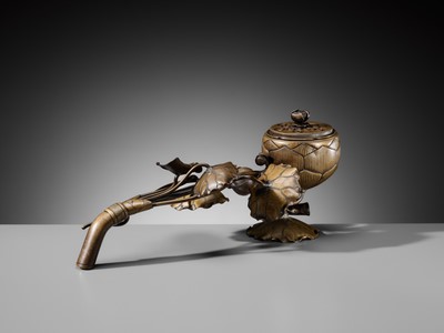 Lot 143 - A BRONZE ‘LOTUS’ EKORO (LONG-HANDLED CENSER), KAMAKURA PERIOD