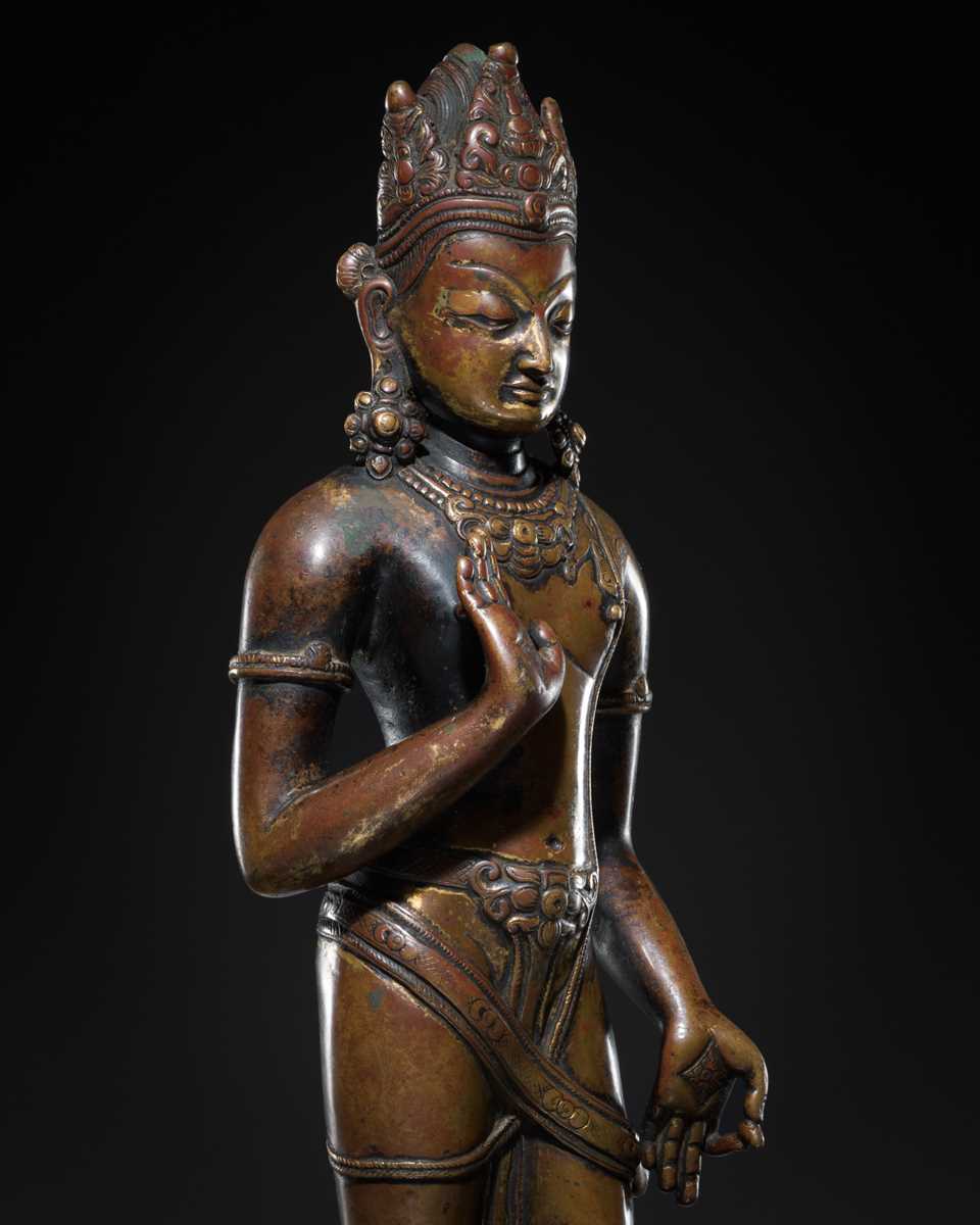 Lot 301 - A SUPERB COPPER ALLOY FIGURE OF MAITREYA, LICCHAVI REVIVAL