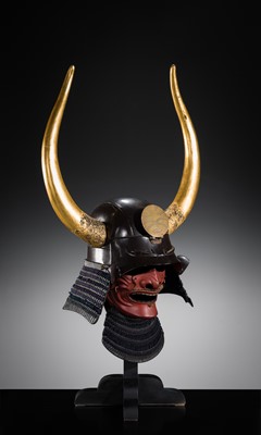 Lot 94 - A LACQUERED IRON ZUNARI KABUTO WITH HORNED WAKIDATE AND RESSEI MENPO, WITH NKBKHK KICHO SHIRYO CERTIFICATE