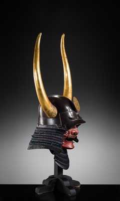 Lot 94 - A LACQUERED IRON ZUNARI KABUTO WITH HORNED WAKIDATE AND RESSEI MENPO, WITH NKBKHK KICHO SHIRYO CERTIFICATE