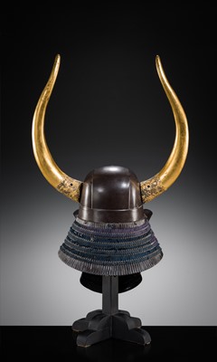 Lot 94 - A LACQUERED IRON ZUNARI KABUTO WITH HORNED WAKIDATE AND RESSEI MENPO, WITH NKBKHK KICHO SHIRYO CERTIFICATE