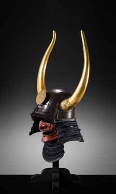 Lot 94 - A LACQUERED IRON ZUNARI KABUTO WITH HORNED WAKIDATE AND RESSEI MENPO, WITH NKBKHK KICHO SHIRYO CERTIFICATE