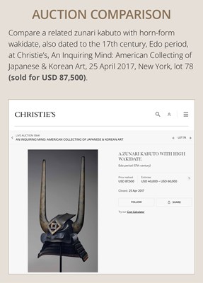 Lot 94 - A LACQUERED IRON ZUNARI KABUTO WITH HORNED WAKIDATE AND RESSEI MENPO, WITH NKBKHK KICHO SHIRYO CERTIFICATE