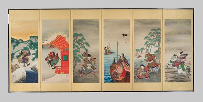 Lot 593 - A SIX-PANEL BYOBU (FOLDING SCREEN) FEATURING SCENES INSPIRED BY WOODBLOCK PRINTS