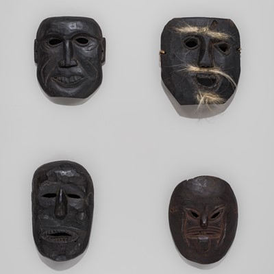 Lot 233 - A LOT WITH FOUR CARVED WOOD SHAMAN MASKS, MIDDLE HILLS, NEPAL, 19TH CENTURY