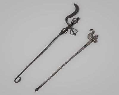 Lot 238 - A LOT WITH TWO TANTRIC IRON VAJRA KARTIKA RITUAL STAFFS, TIBET, 16TH-17th CENTURY