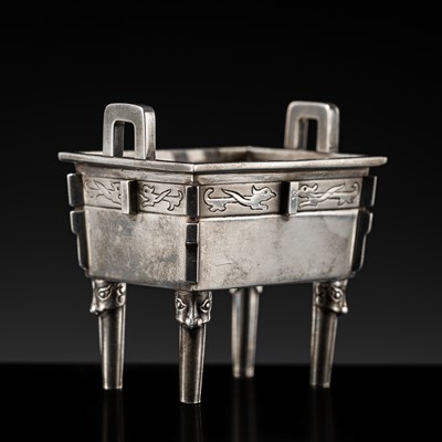 Lot 156 - A MINIATURE ARCHAISTIC SILVER RITUAL INCENSE BURNER, FANGDING, LATE QING DYNASTY