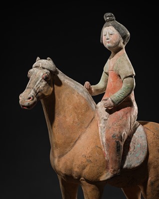 Lot 497 - A PAINTED POTTERY FIGURE OF A HORSE AND FEMALE RIDER, TANG DYNASTY