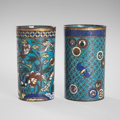 Lot 1028 - TWO CLOISONNÉ ENAMEL BRUSH HOLDERS, LATE QING DYNASTY