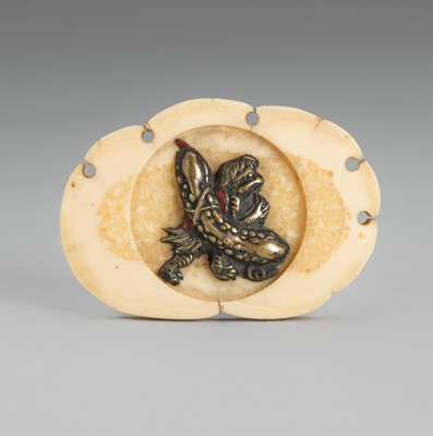 Lot 1726 - A FINE METAL-INLAID WALRUS TUSK NETSUKE OF A KAPPA