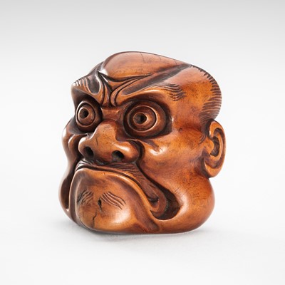 Lot 1808 - DEME: A BOXWOOD NOH MASK NETSUKE OF O-BESHIMI