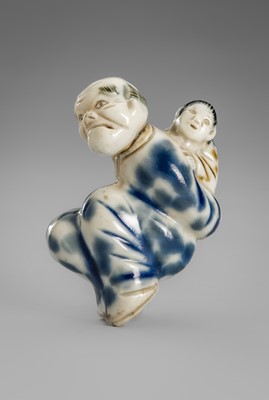 Lot 1780 - A FINE HIRADO PORCELAIN NETSUKE OF AN OLD MAN CARRYING A CHILD