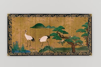 Lot 594 - A FOUR-PANEL PRINTED BYOBU (FOLDING SCREEN) DEPICTING CRANES