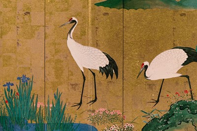 Lot 594 - A FOUR-PANEL PRINTED BYOBU (FOLDING SCREEN) DEPICTING CRANES