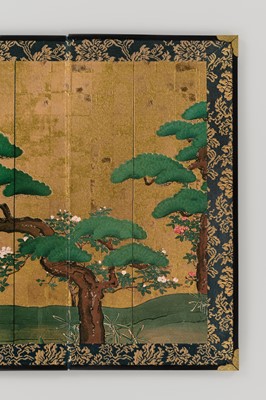 Lot 594 - A FOUR-PANEL PRINTED BYOBU (FOLDING SCREEN) DEPICTING CRANES