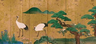 Lot 594 - A FOUR-PANEL PRINTED BYOBU (FOLDING SCREEN) DEPICTING CRANES