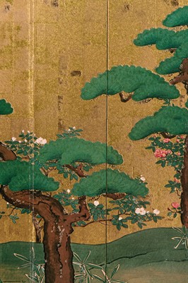 Lot 594 - A FOUR-PANEL PRINTED BYOBU (FOLDING SCREEN) DEPICTING CRANES