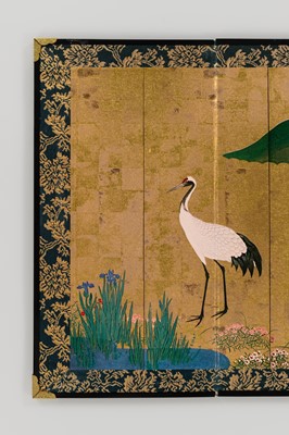 Lot 594 - A FOUR-PANEL PRINTED BYOBU (FOLDING SCREEN) DEPICTING CRANES