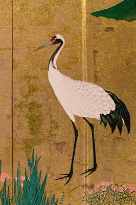 Lot 594 - A FOUR-PANEL PRINTED BYOBU (FOLDING SCREEN) DEPICTING CRANES
