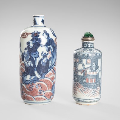 Lot 1068 - A GROUP OF TWO LARGE BLUE, WHITE AND IRON RED PORCELAIN SNUFF BOTTLES, QING DYNASTY