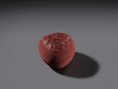 Lot 115 - A CINNABAR LACQUER PEACH-FORM BOX AND COVER DEPICTING SHOULAO, 18TH CENTURY